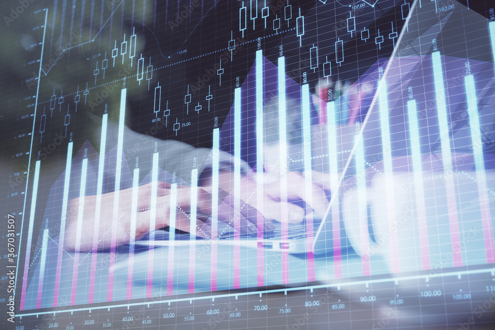 Double exposure of woman hands typing on computer and forex chart hologram drawing. Stock market invest concept. Double exposure of woman hands typing on computer and forex chart hologram drawing. Stock market invest concept.