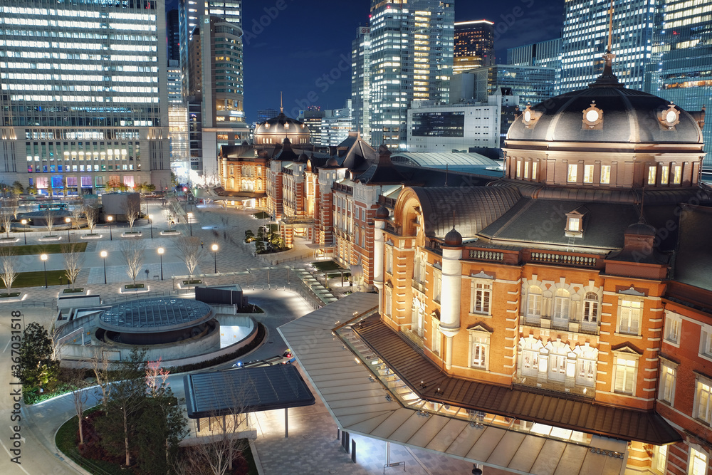 Tokyo Station Night View - Tokyo famous place, modern building scenes with neoclassical architecture, shot in KITTE shopping mall, Tokyo, Japan.