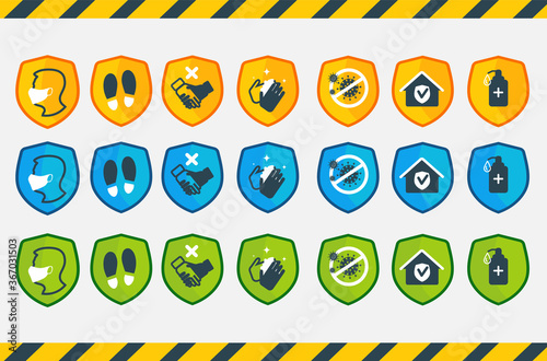 A set of icons in the form of protection from covid-19, for pasting on the surface, in public places. In yellow, blue and green.