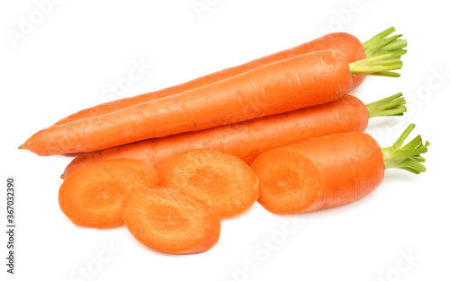 Carrot whole and sliced isolated on white background. Creative healthy food concept. Nature, juice. Top view, flat lay