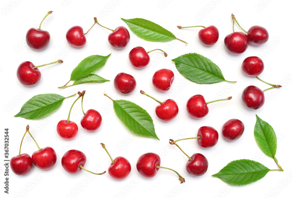 Cherries with leaves isolated on white background. Top view, flat lay Cherries with leaves isolated on white background. Top view, flat lay