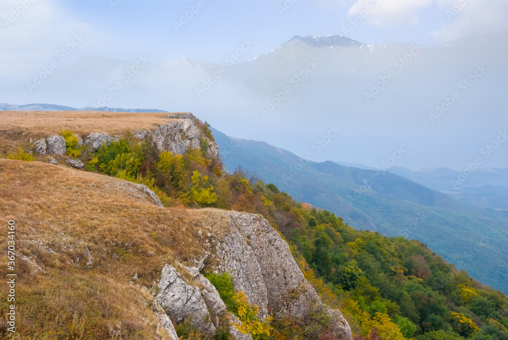 autumn mountain valley landscape, forest on a mount slope