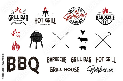 Retro BBQ Grill, Barbecue logo element vector with vintage grunge textured concept