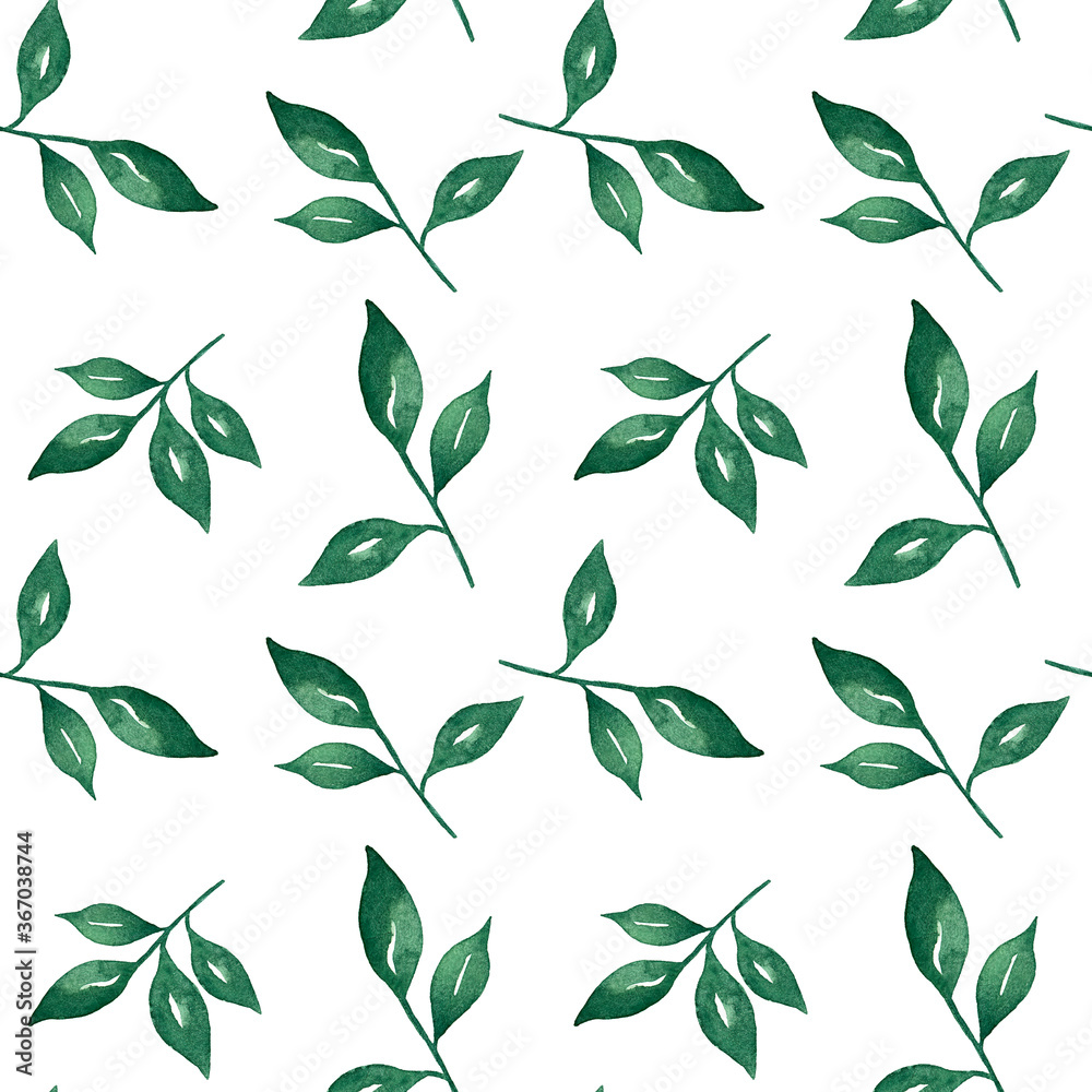 Seamless pattern with watercolor green leaves.