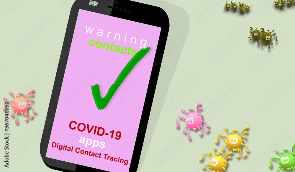 Follower, tracking COVID-19 apps. Mobile software applications. Digital contact tracing in response to the Coronavirus. Identifying, search for possibly infected individuals. 3d drawing representation