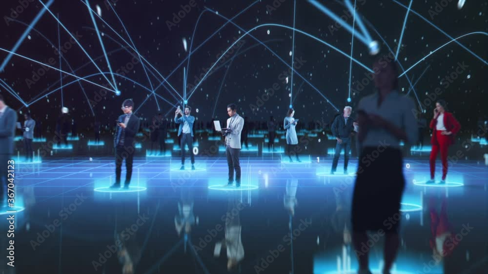 Happy People using Smartphone Devices in World Wide Connected Social Network. Diverse People do E-Business, Communicate, Send Messages. Visualization of Internet Virtual Reality Interconnected Persons