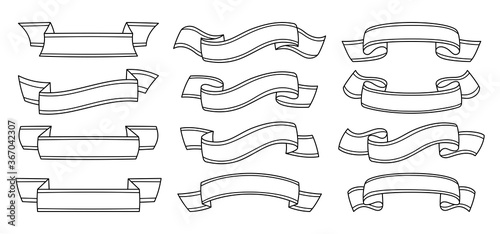 Ribbon outline set. Decorative icons, tape blank flat collection. Modern monochrome design, linear ribbons sign cartoon style. Web icon kit of text banner. Isolated vector illustration