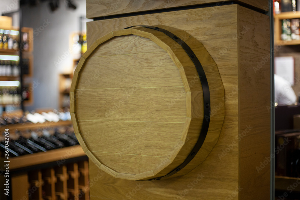 Barrel for wine. Decorative barrel in a liquor store. Barrel for wine. Decorative barrel in a liquor store.