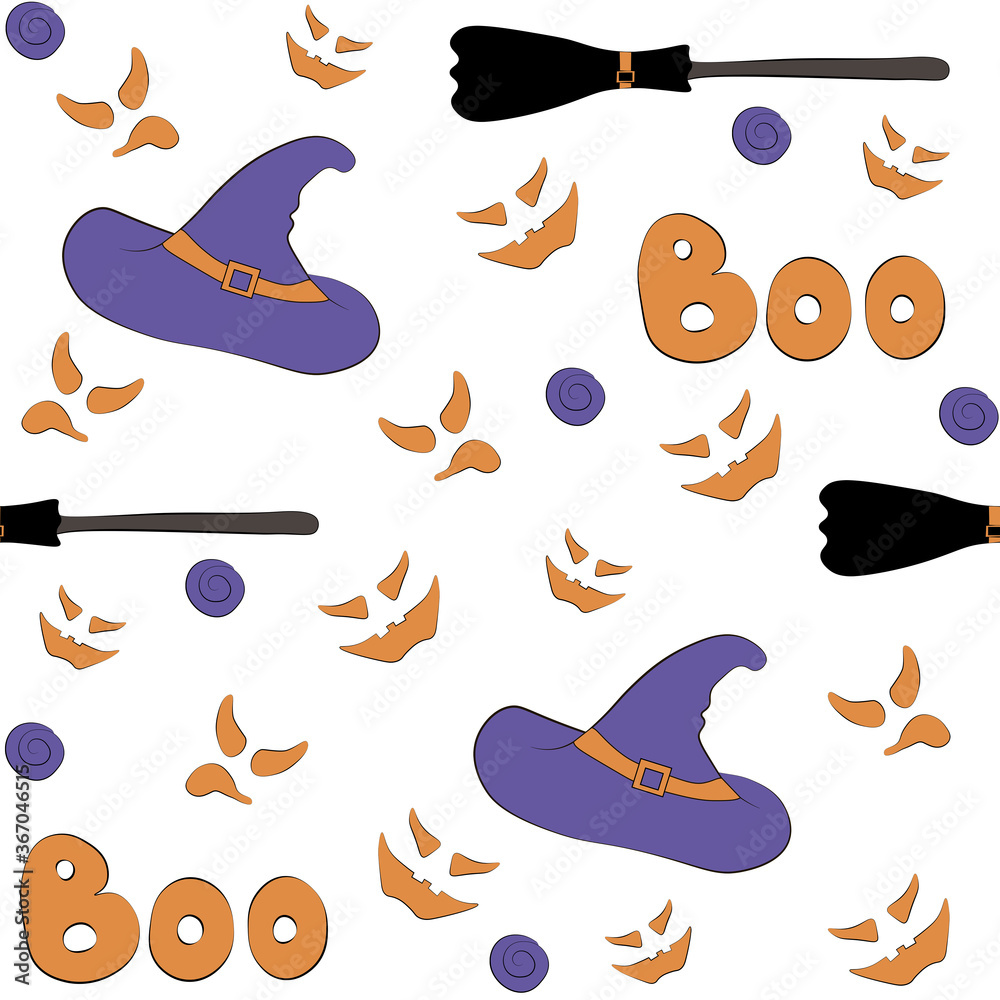 Cute seamless pattern illustration. Isolated on white background. Halloween attributes: hat, broom, boo, ghost eyes. Easy for paper, fabric, textile, party, invitation cards design.