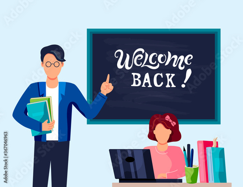 Male teacher with books and student is studing on computer. Welcome back hand drawn lettering. Place for text. Flat cartoon style design vector illustration.