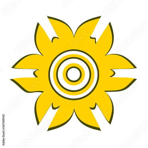 yellow sun ornamental logo, modern circular composite symbol, flat design vector illustration