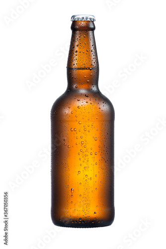 500ml brown beer beer bottle with drops isolated without shadow on a white background