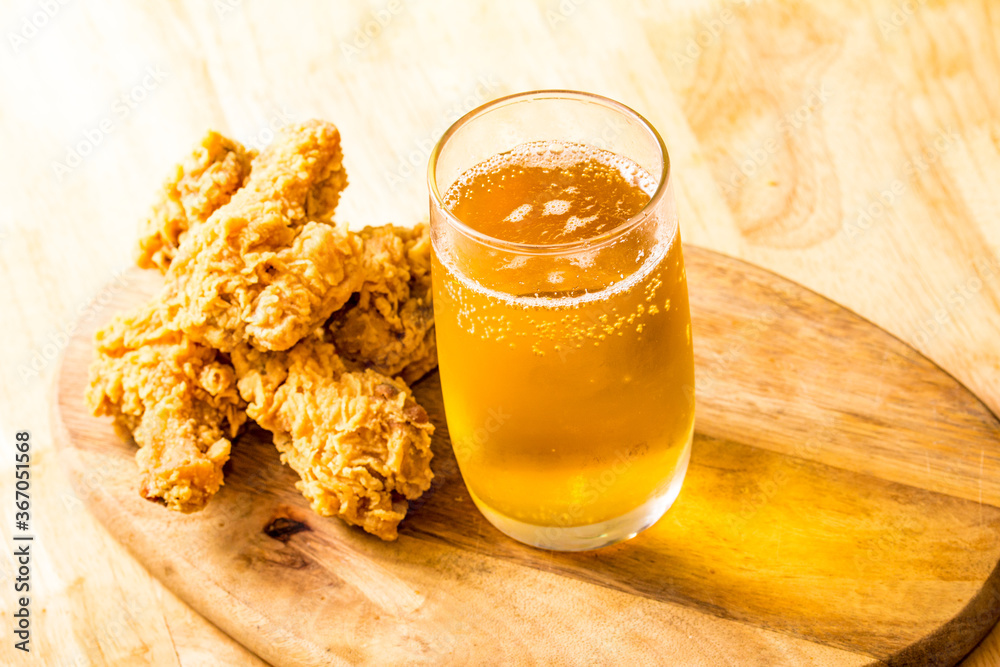 Golden delicious beer and Fried chicken nuggets