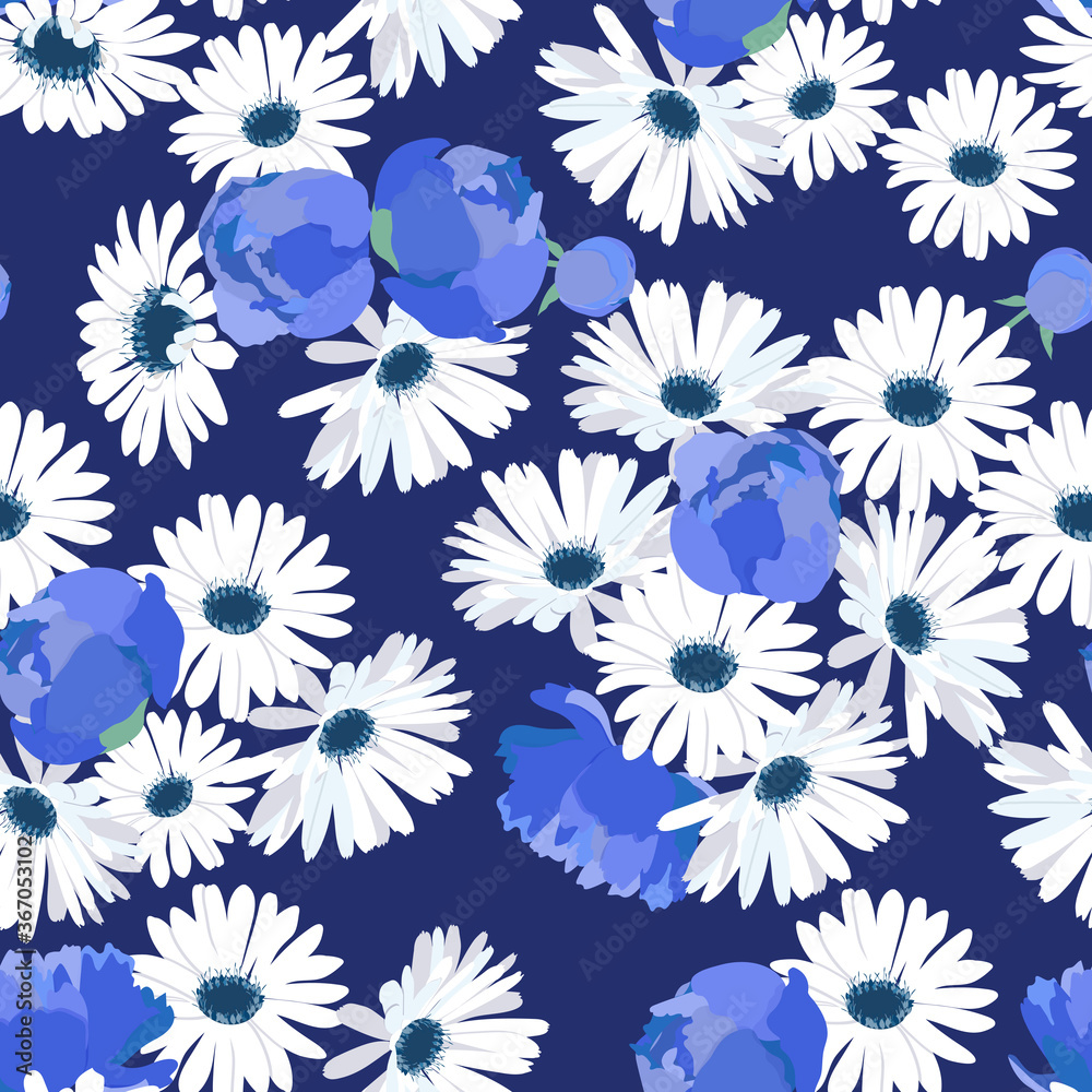 Peonies and chamomile. Seamless vector illustration on a blue background.