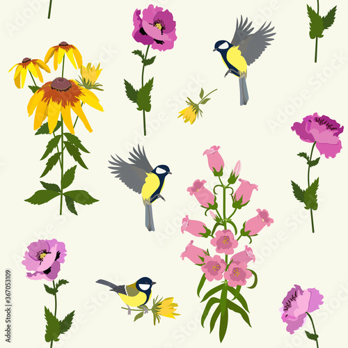 Seamless colorful pattern with rudbeckia  poppies  campanula and birds