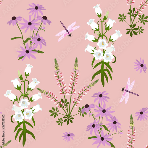 Seamless colorful pattern with echinacea, campanula and dragonflies on a pink background.