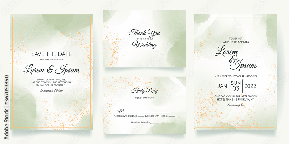 Watercolor creamy wedding invitation card template set with golden floral decoration