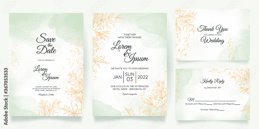 Plakat Watercolor creamy wedding invitation card template set with golden floral decoration
