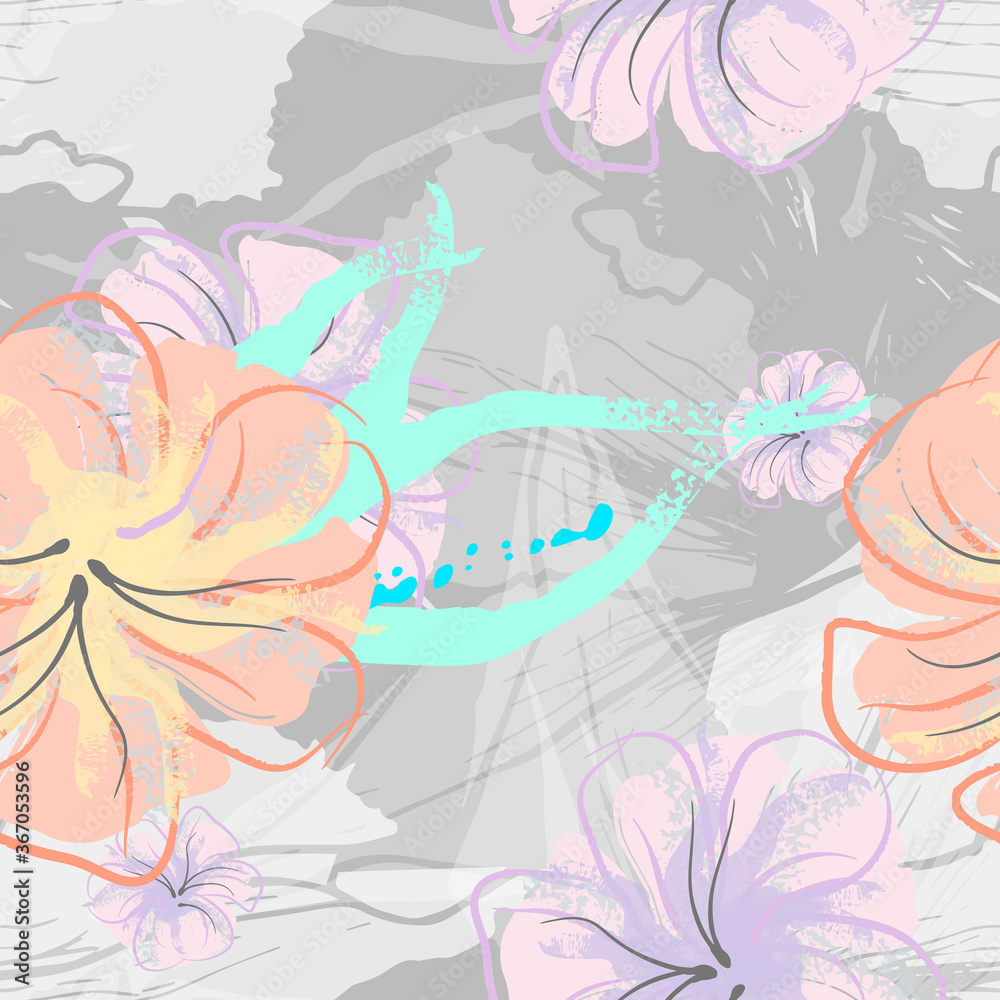 Fototapeta premium Pink Flowers Blooming Pattern. Pastel Watercolor.