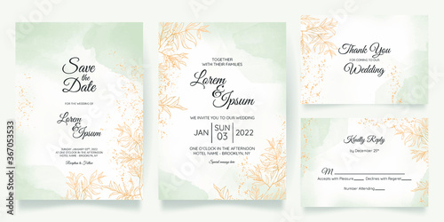 Watercolor creamy wedding invitation card template set with golden floral decoration