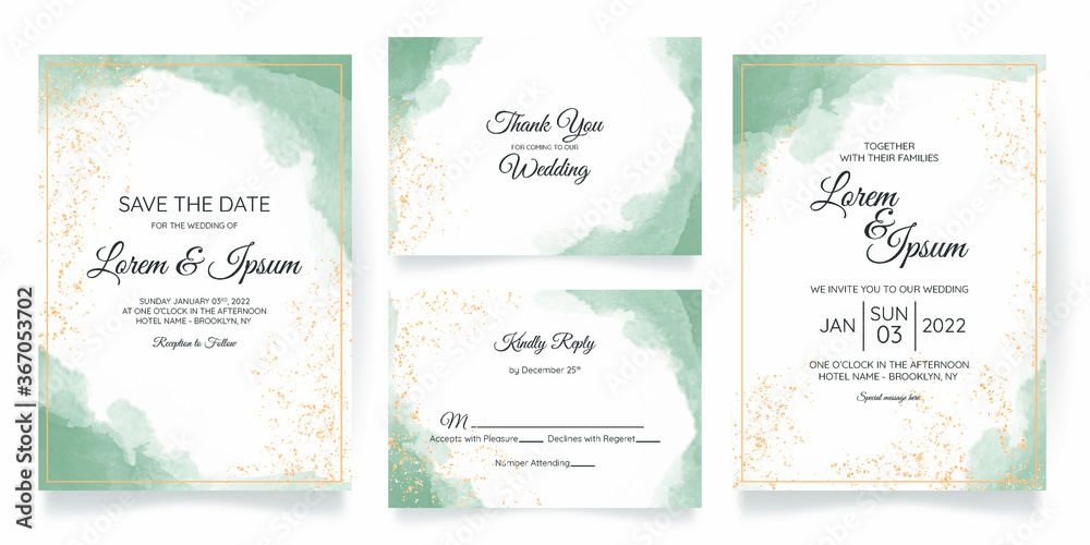 Watercolor creamy wedding invitation card template set with golden floral decoration