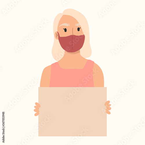 Yong woman holding clean placards in face mask.Virus protection. White hair. Demonstrating empty banners. Vector hand drawn illustation.