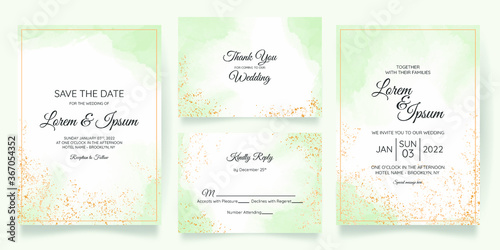 Watercolor creamy wedding invitation card template set with golden floral decoration