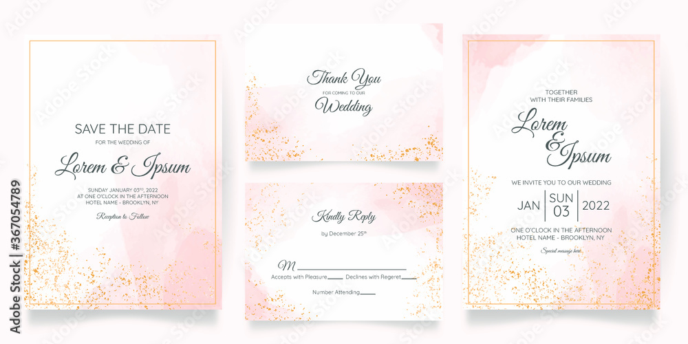 Fototapeta premium Watercolor creamy wedding invitation card template set with golden floral decoration