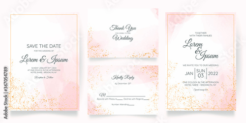 Watercolor creamy wedding invitation card template set with golden floral decoration
