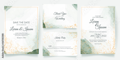 Watercolor creamy wedding invitation card template set with golden floral decoration