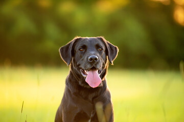 Black Labrador in a grassy field at sunset enjoying the park