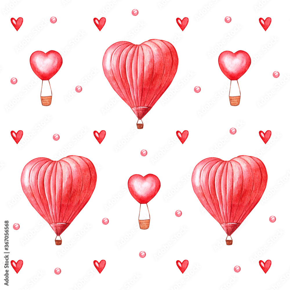 Pattern Watercolor illustration of a air balloon. Hand made character. Cartoon style illustration.  Love. Happy valentine's day. 