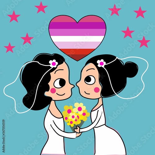 lesbian couples bride and groom holding flower bouquet in their wedding with lesbian flag color heart shape and stars on blue background hand drawn cartoon vector 