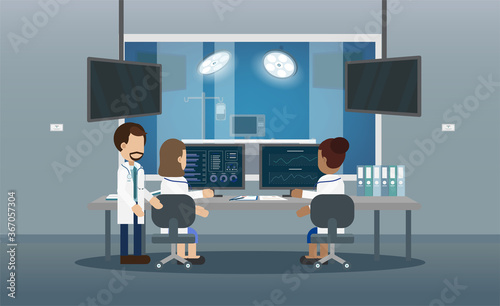 Empty surgery room with doctor work with computer flat design vector illustration