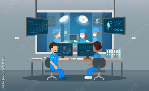 Surgeon team in surgery room flat design vector illustration