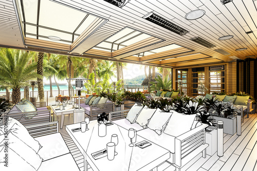 Terrace Restaurant Area Inside a Subropical Resort  planning  - 3d architectural visualization