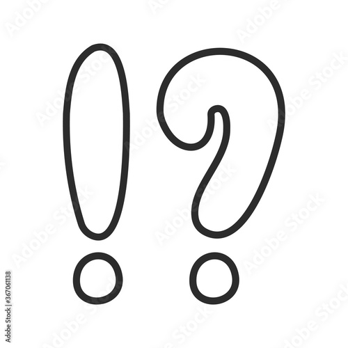 Exclamation mark and question mark in the alphabet on an isolated white background. A punctuation mark at the end of a sentence. Vector hand drawn graphics. Flat style, outline