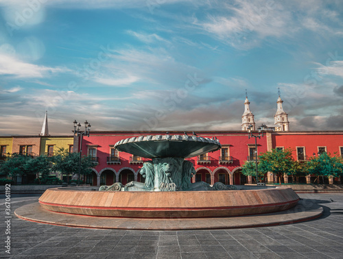 Lions Fountain in Colonial Plaza Garden in Leon Guanajuato Mexico. photo