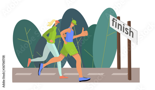 A man and a woman run to the finish line and give a thumbs up. Symbol for achieving the goal. Doodle style. Vector illustration