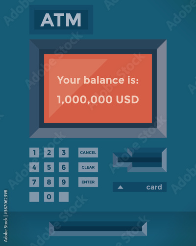 ATM machine one million US dollars balance credit card screen. Business success, salary, wealth, investments, rich people, pension, savings, online banking, stock market exchange traders, win concepts