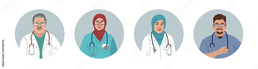 Medical Characters Portraits. Middle Eastern Medics. Arab doctors and nurses portraits, team of doctors concept. Muslim modern flat vector concept digital people vector illustration