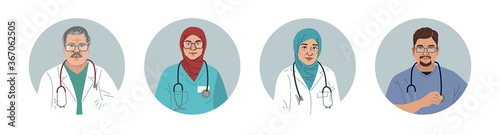 Medical Characters Portraits. Middle Eastern Medics. Arab doctors and nurses portraits, team of doctors concept. Muslim modern flat vector concept digital people vector illustration