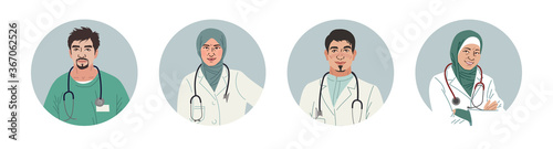Medical Characters Portraits. Middle Eastern Medics. Arab doctors and nurses portraits, team of doctors concept. Muslim modern flat vector concept digital people vector illustration