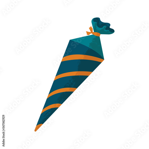 Colorful school cone with candies. Vector illustration in flat cartoons style with texture. Present for first school day. Back to school concept. First day at school concept. 