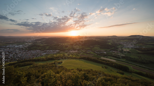 landscape in the evening on the swabian alb in Germany, view from the lookout point Messelstein near göppingen. photo