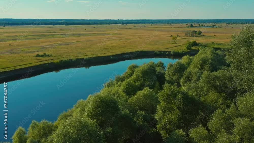 Aerial shot -  drone makes a circular flight over the trees near the river. Drone flies over a beautiful wild summer landscape. Ukraine. Desna river.