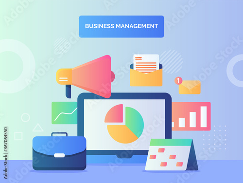 Business management concept suitcase pie chart on computer screen background of calendar email message notification megaphone with flat style.