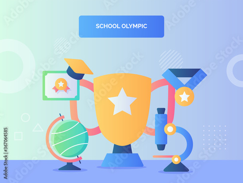 School olympic concept trophy winner background of globe microscope medal certificate with flat style.