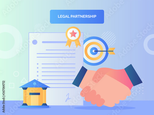 Hand shake character background of agreement letter court target goal certified legal partnership concept with flat style.