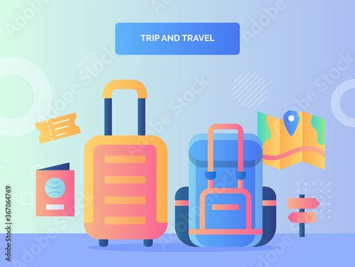 rip and travel concept suitcase backpack backgroound of passport ticket map brochure signpost with flat style